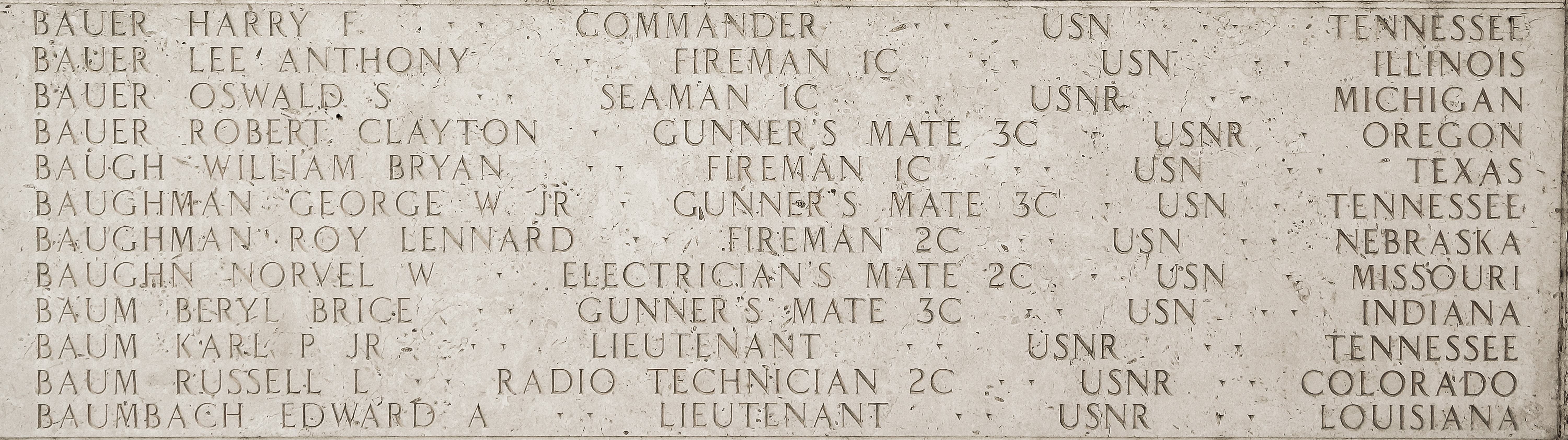 William Bryan Baugh, Fireman First Class